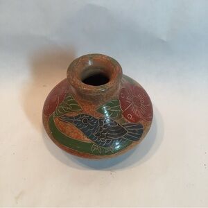 Vintage Clay Bird Hibiscus Bud Vase Hand Made And Decorated Small 3 Miniature